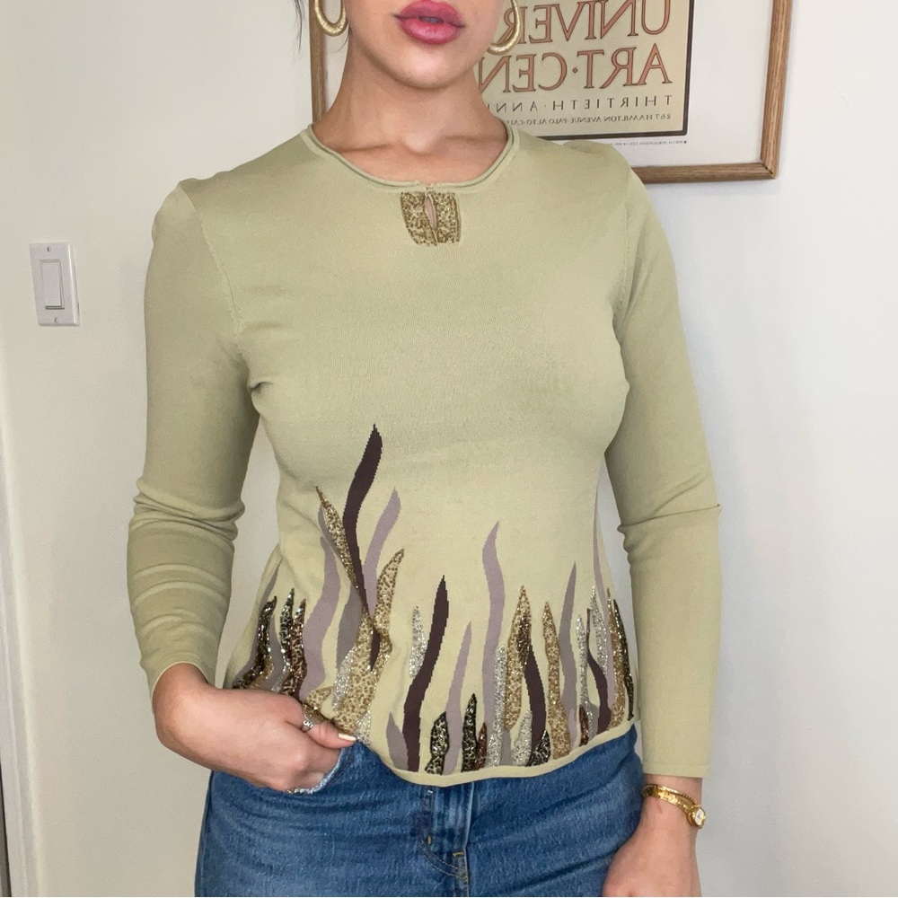 Vintage Beaded Flame Top, Green Long Sleeve